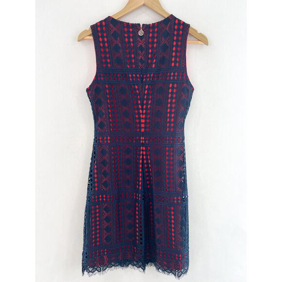 Tommy Hilfiger Navy Red Lace Overlay Mini Dress 4 Preppy Academia Americana - Picture 2 of 7